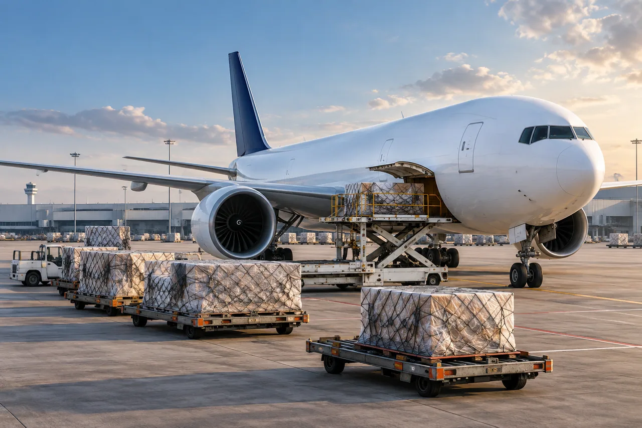 Illustrative view of a cargo aircraft and air freight pallets.