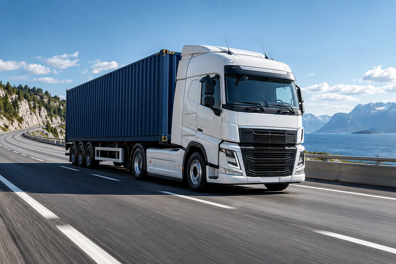 Illustrative view of a freight truck on a highway.