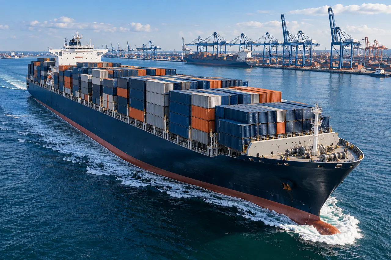 Illustrative view of a container ship and port cranes.